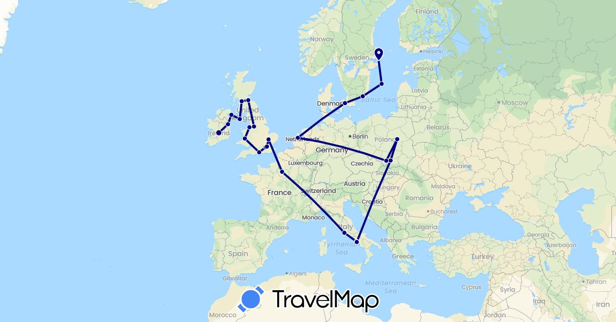 TravelMap itinerary: driving in Denmark, France, United Kingdom, Ireland, Isle of Man, Italy, Netherlands, Poland, Sweden (Europe)